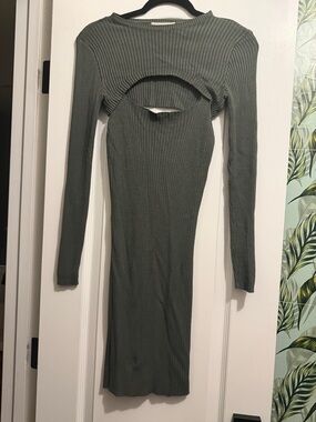 Ribbed Olive Green Long Sleeve Cutout Bodycon Dress
